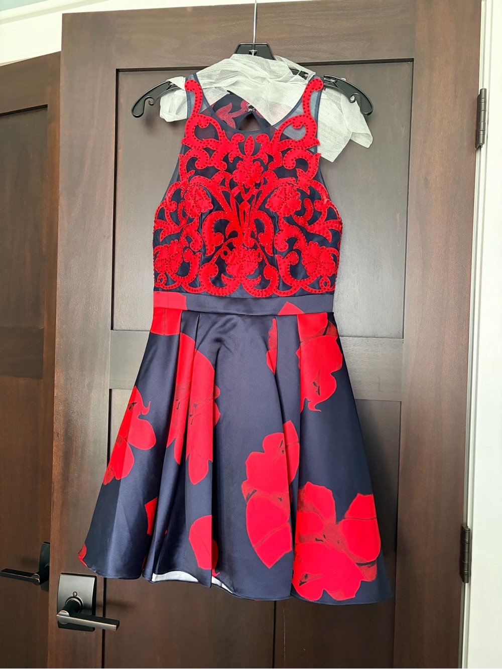Girls Navy and Red Floral Fit-and-Flare Dress